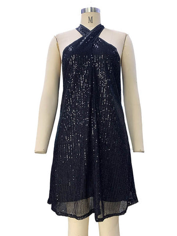 A-Line Loose Hollow Sequined Solid Color Halter-Neck Mini Dresses