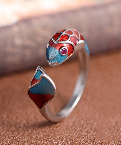 Anillos de carpa con brocado cloisonné en plata de ley con diseño abierto y bloques de color retro 