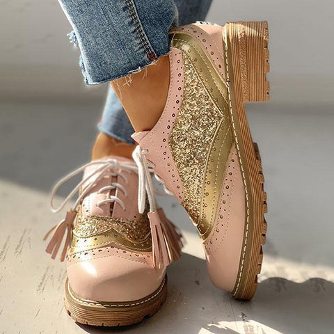 Vintage Oxford Brogues Chunky Block Heel Shoes Lace-up Pumps