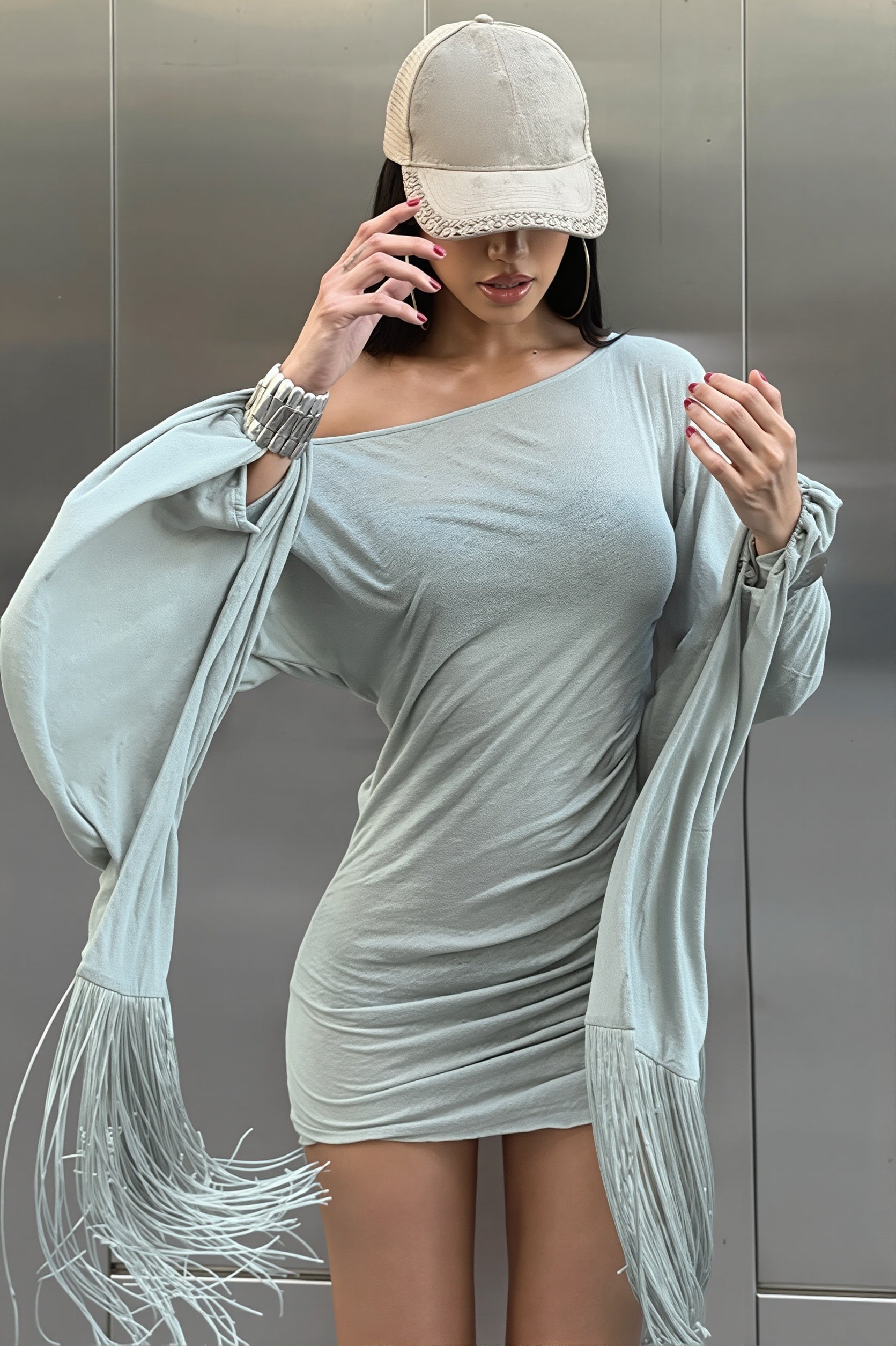 Flare Sleeve Tassel Patchwork Asym Neck Mini Dress
