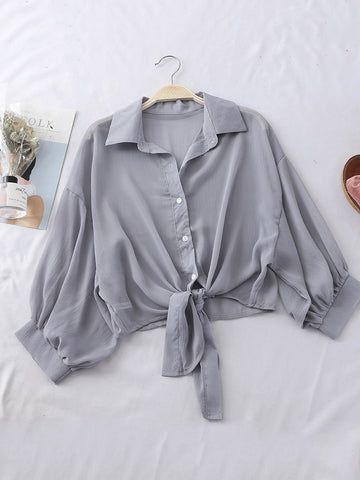 Chiffon Shirts Women 2024 Summer Half Sleeve Buttoned Up Shirt Loose Casual Blouse Tied Waist Elegant Blouses For Women