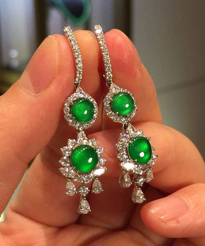 Damen Sterling Silber Ohrringe mit eingelegtem Zirkonia und Jade-Quaste 