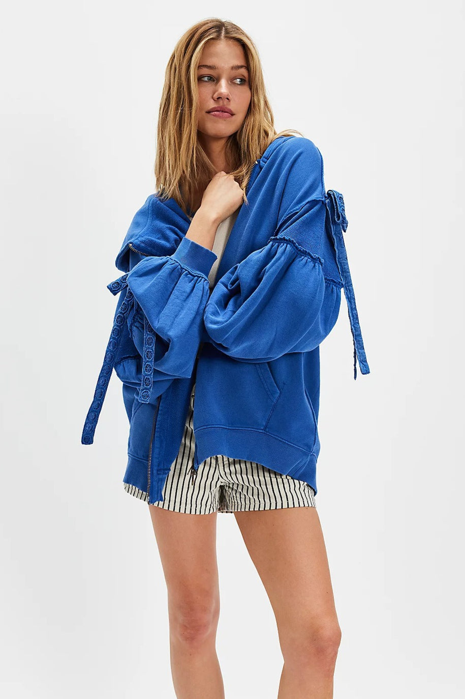 Oversized Lace Up Sleeve Zip Hoodie