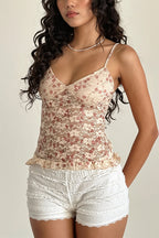 Sheer Print Ruffle V Neck Cami Top