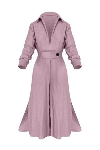 Vestido midi de manga larga con escote en V, cinturón y bolsillos con botones 