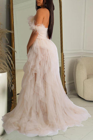 Elegantes, einfarbiges, ärmelloses Maxikleid aus Netzstoff in Wickeloptik 