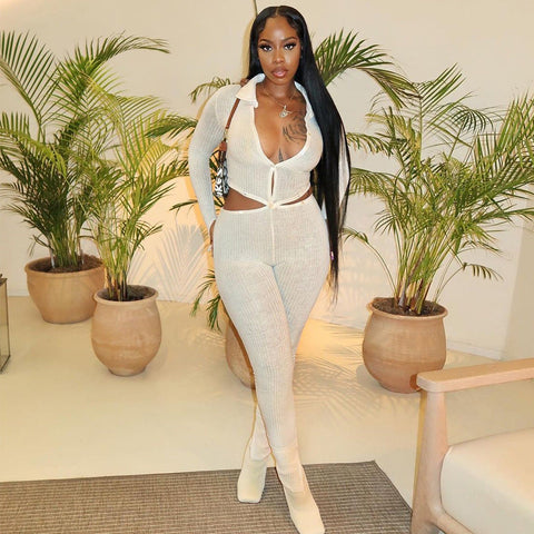 Autumn Winter Sexy Cardigan Long Sleeve Button Stitching Hollow Out Cutout Jumpsuit for Women