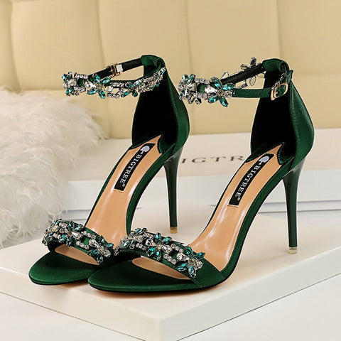 Sandalias de tacón alto de 9 cm con cristales para mujer, para boda, novia, tacones de aguja, sandalias con purpurina, zapatos elegantes de stripper con tiras de satén. 