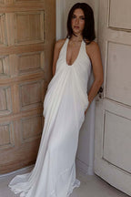 Loose V Neck Ruffled Halter Tulle Maxi Dress