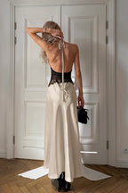Sexy Lace Sheer Deep V Halter Maxi Dress