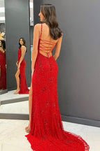 Vestido de fiesta largo rojo de sirena con tirantes finos y espalda cruzada