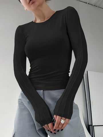 White Pleated Classic Basic Knitted Tees Women Inner Thin Pullover Tops Black Slim Office Lady T-Shirts O-Neck 2024