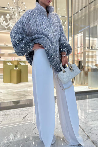 Warme, glänzende Herz-Strickjacke mit Pailletten, Ballonärmeln, Reißverschluss am Hals und lockerem Schnitt 