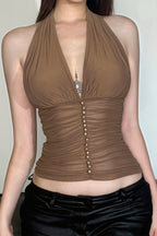 Solid Mesh Button Cropped Halter Top
