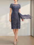 Etuikleid/Säulenkleid mit Illusion-Ausschnitt, knielang, aus Chiffon mit Spitze, Kaskadenrüschen und Pailletten für die Mutter der Braut