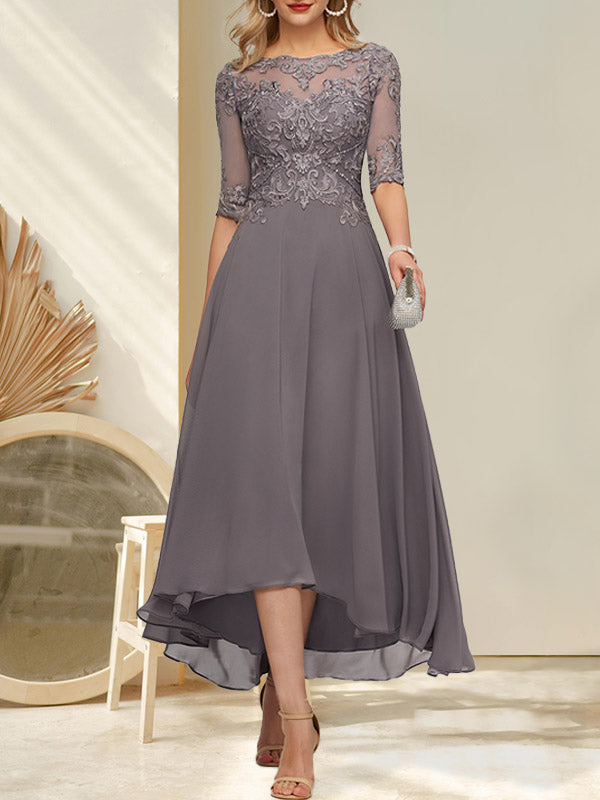 A-Linien-Kleid mit U-Boot-Ausschnitt, Illusion-Effekt, asymmetrischem Chiffon-Spitzenbesatz und Paillettenstickerei für die Mutter der Braut.