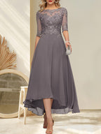 A-Linien-Kleid mit U-Boot-Ausschnitt, Illusion-Effekt, asymmetrischem Chiffon-Spitzenbesatz und Paillettenstickerei für die Mutter der Braut.