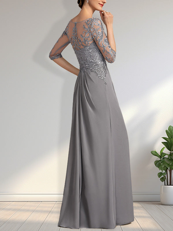 A-Linien-Kleid mit U-Boot-Ausschnitt, Illusion-Effekt, bodenlang, aus Chiffon und Spitze, mit Perlen, Pailletten und kaskadenartigen Rüschen – perfekt für die Mutter der Braut.