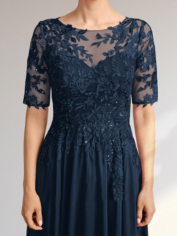 A-Linien-Kleid mit asymmetrischem Chiffon-Spitzenausschnitt und Pailletten für die Mutter der Braut 