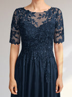 A-Linien-Kleid mit asymmetrischem Chiffon-Spitzenausschnitt und Pailletten für die Mutter der Braut 