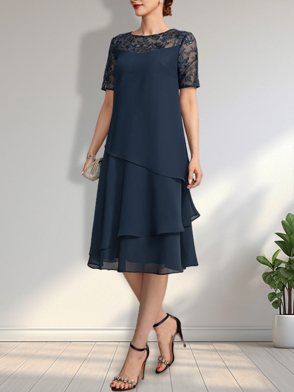 A-Linien-Kleid mit Rundhalsausschnitt, Illusion-Effekt, knielang, aus Spitze und Chiffon mit Pailletten für die Mutter der Braut