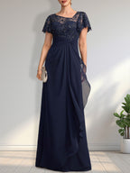 A-Linien-Kleid aus asymmetrischem Chiffon mit Illusion-Effekt, bodenlang, mit Kaskadenrüschen und Pailletten für die Mutter der Braut 