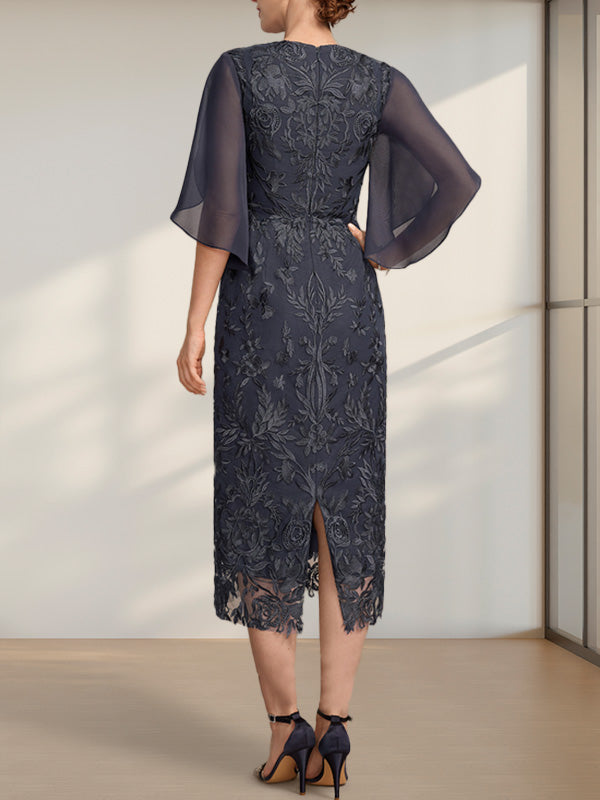Etuikleid/Säulenkleid mit Rundhalsausschnitt, Teelänge, aus Spitze und Chiffon, ideal für die Mutter der Braut