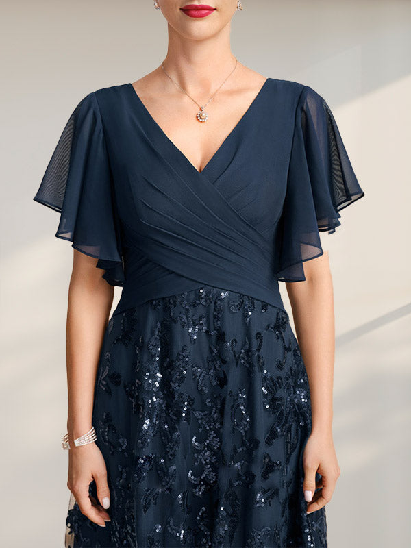 Vestido de madre de la novia de gasa con lentejuelas, encaje, escote en V y largo hasta el suelo, con pliegues