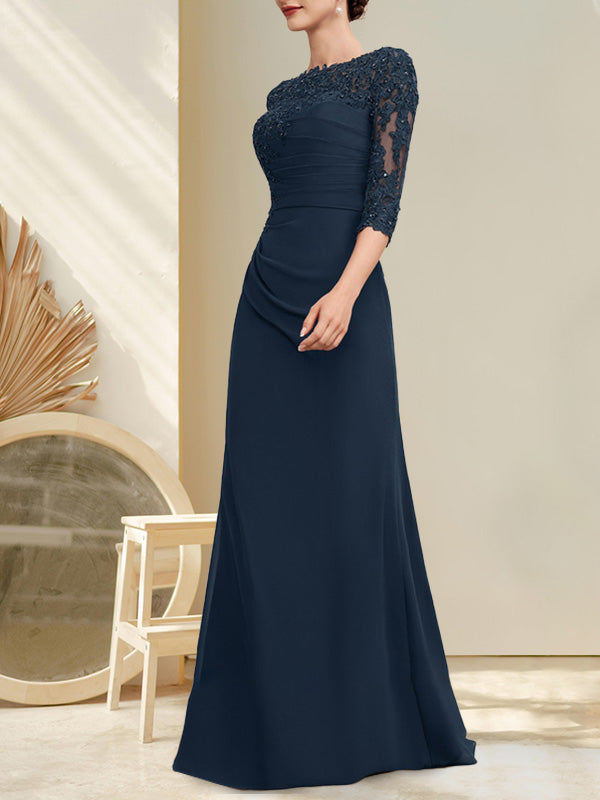 A-Linien-Kleid aus Chiffon und Spitze in Bodenlänge für die Mutter der Braut mit Perlenstickerei, Falten und Pailletten
