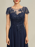 A-Linien-Kleid mit Illusion-Ausschnitt, Rundhalsausschnitt, Teelänge, Spitze und Chiffon, mit Pailletten, für die Mutter der Braut