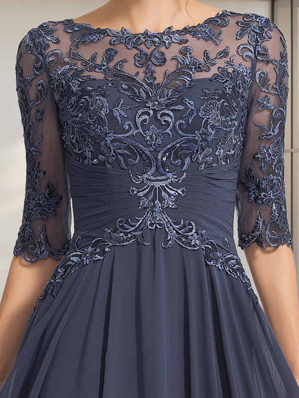 A-Linien-Kleid mit Illusion-Ausschnitt, bodenlang, aus Chiffon und Spitze, mit plissierten Pailletten und V-Ausschnitt für die Mutter der Braut