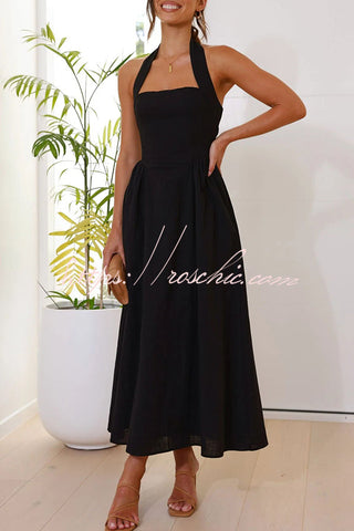 Brunch in Bali – Neckholder-Maxikleid aus Leinenmischung mit Taschen 