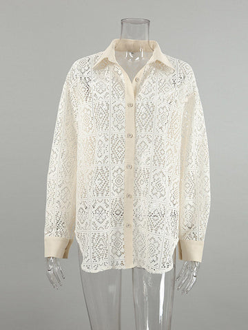 Long Sleeves Loose Buttoned Hollow See-Through Solid Color Sun Protection Lapel Collar Blouses&Shirts Tops