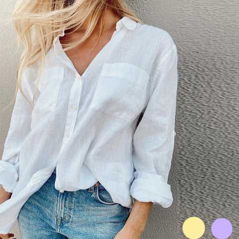 Women's Autumn Solid Color Long Sleeve Collared Cotton Linen Blouse