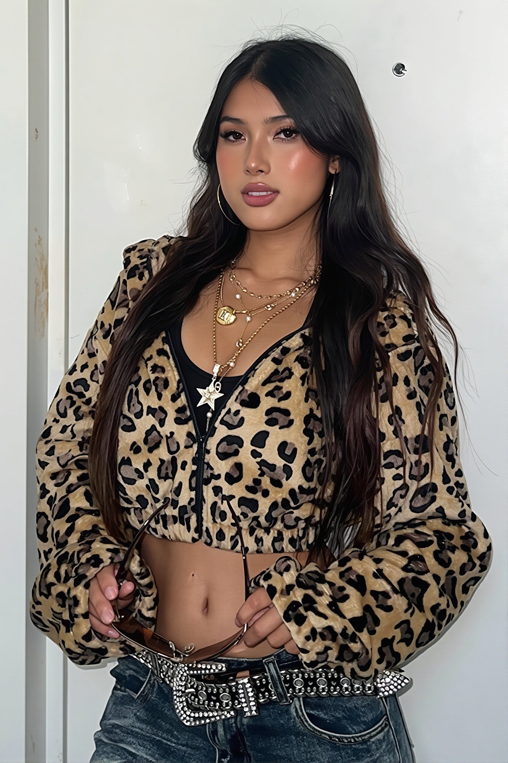 Leopard Fleece Cropped Zip Hoodie