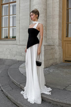 Elegant Flared Wavy Trim Color Block Maxi Dress