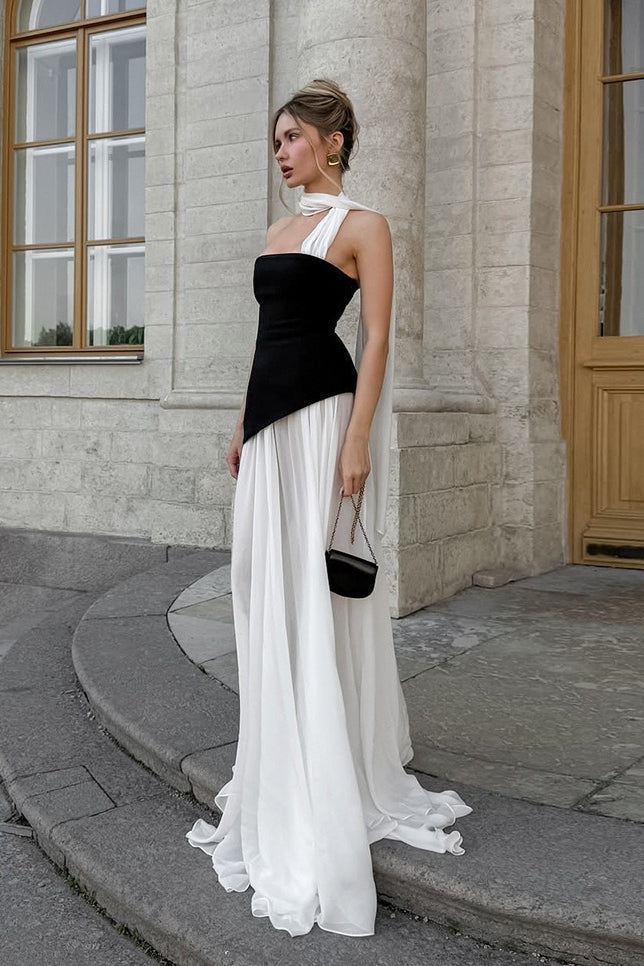Elegant Flared Wavy Trim Color Block Maxi Dress
