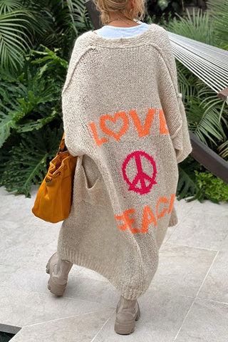 Suéter largo tipo cárdigan con estampado "Amor y Paz" y frente abierto (en 5 colores) 