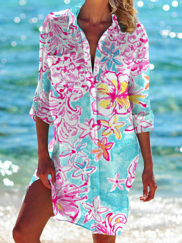 Bikini Coat Swimsuit Cardigan Women's Printed Holiday Beach Shirt