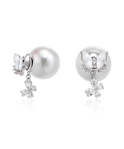 Pendientes Vogue con borlas florales de circonita y mariposa de cobre blanco 