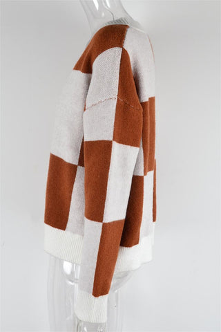 Autumn Winter Women's Plaid Stitching Knitwear Cardigan Sweater Coat