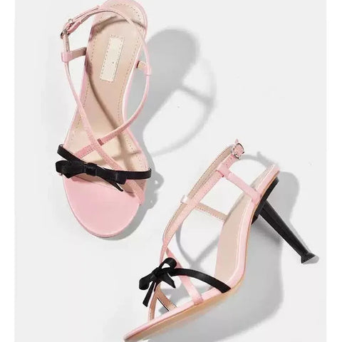 Sandalias de piel de oveja francesa con lazo dulce de colores, punta abierta, tacón fino, tacones altos para mujer, novedad 2024 