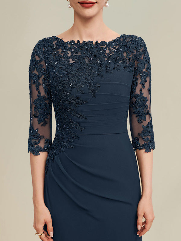 Vestido de gasa para madre de la novia, corte A, largo hasta el suelo, con encaje, cuentas y lentejuelas plisadas