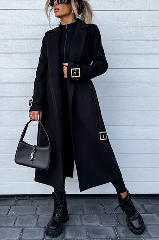 Style Expedition – Midi-Trenchcoat aus Wolle mit Gürtel und Metallknöpfen am Revers 