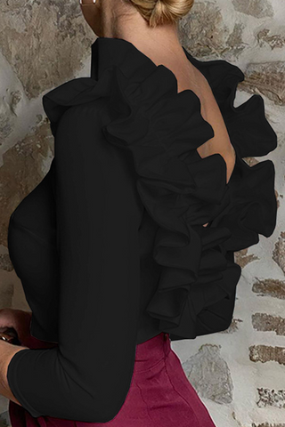 Modische, elegante, einfarbige, rückenfreie Oberteile mit Volant und Lotusblattkragen (3 Farben) 