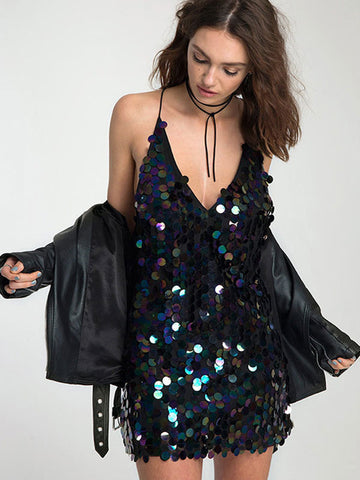 Colorful Sequin Mini Dress V-Neck Open Back Sexy Birthday Party Dresses