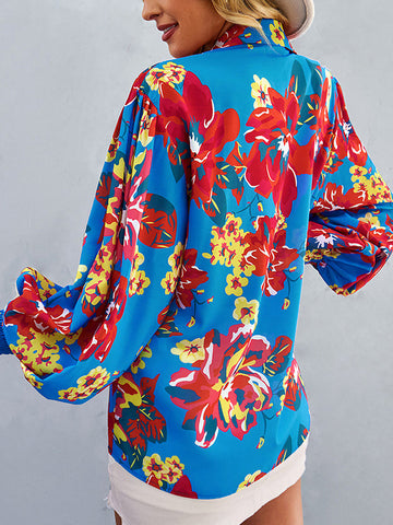 Blusas y camisas de manga larga sueltas con botones elásticos y estampado floral con solapa 