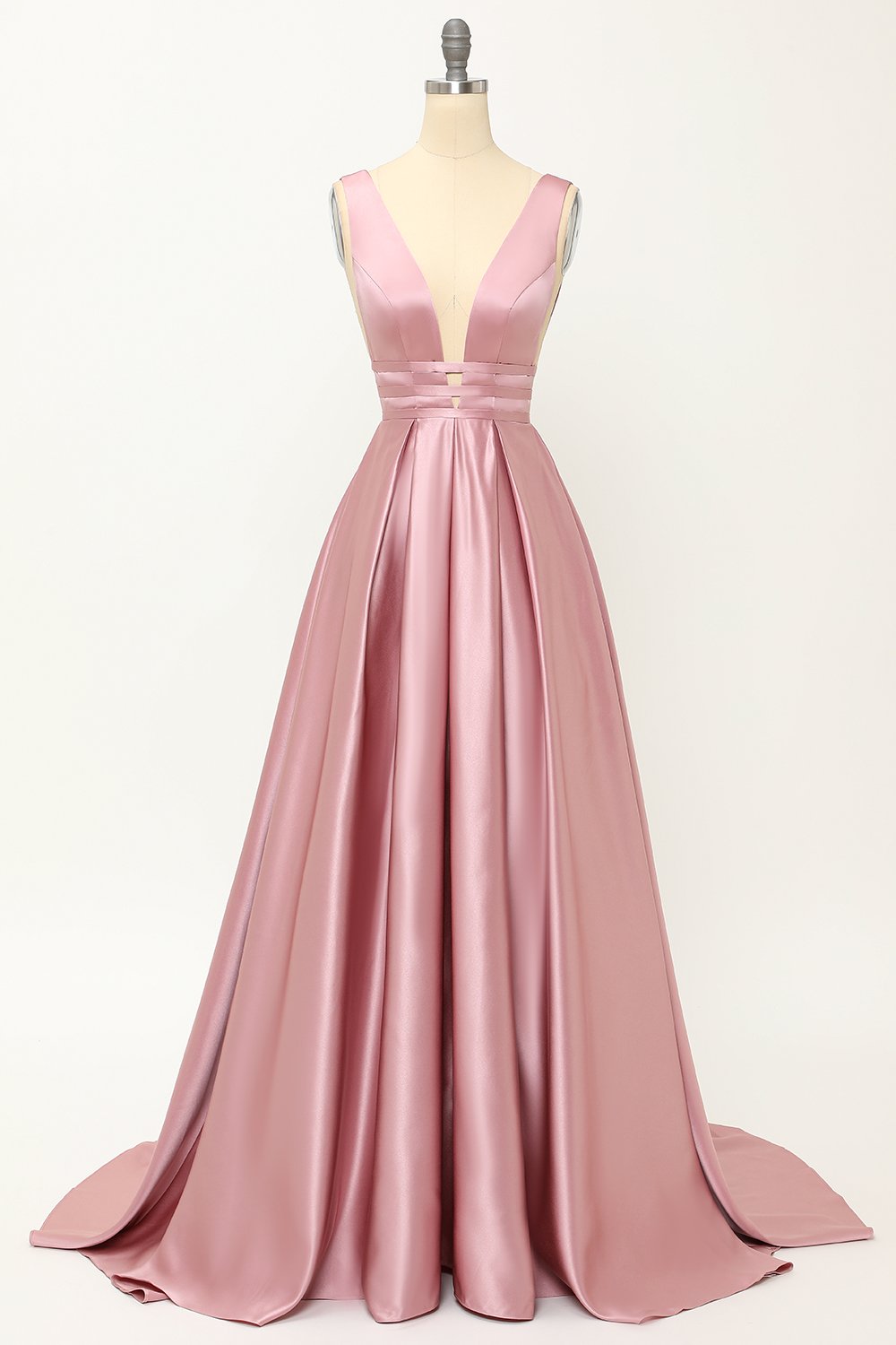 Langes, rosafarbenes Satin-Abendkleid