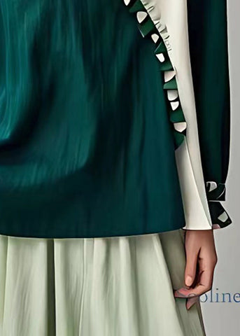 Pre sale - shipping in 30 days/New Green O-Neck Ruffled Patchwork Linen Tops Long Sleeve