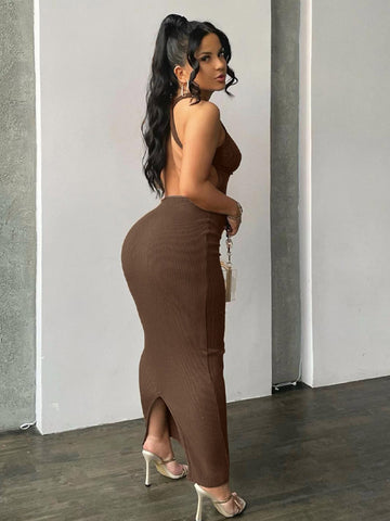 Ribbed Solid Hollow Out Backless Sleeveless Sexy Slit Mini Dress Bodycon 2024 Summer Women Outfits Elegant Party Y2K
